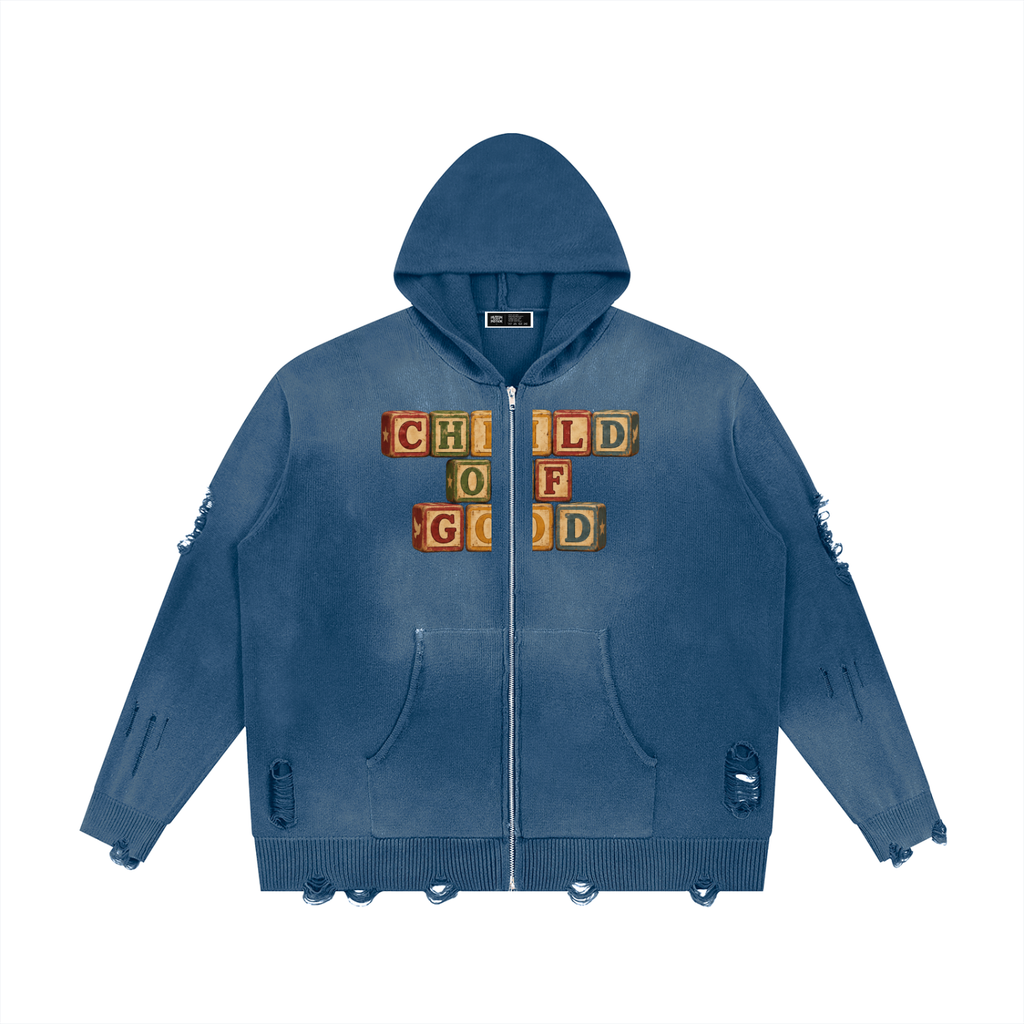 Child Of God Distressed Full Zip Sweater